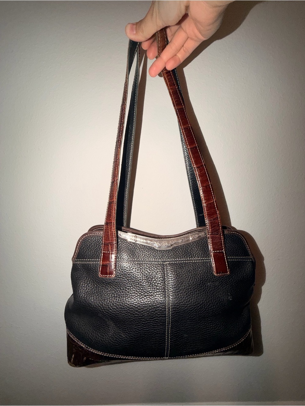 Brighton Black Pebbled Leather Shoulder Bag with Brown Croc-Embossed Trim